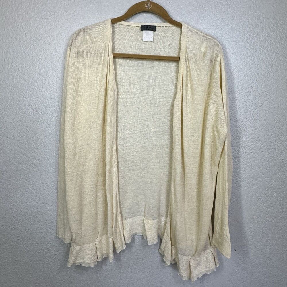 Enigma Italian Linen Cardigan Butter Yellow Snap Front Ruffle Coastal Women L